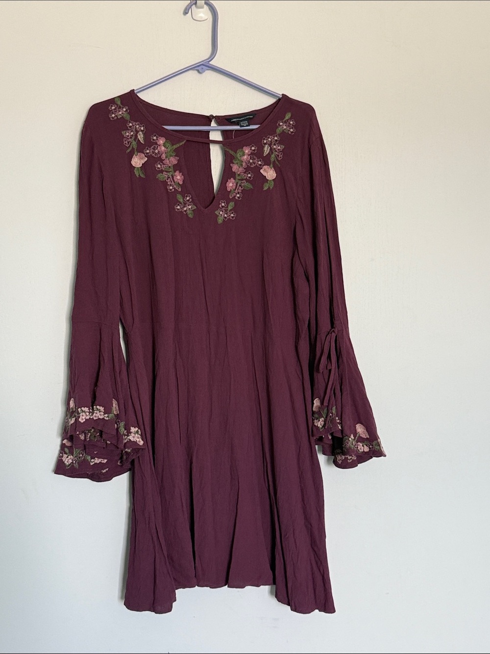 American Eagle Outfitters Plum Embroidered Slitted Long-Sleeve Dress | Sz XL